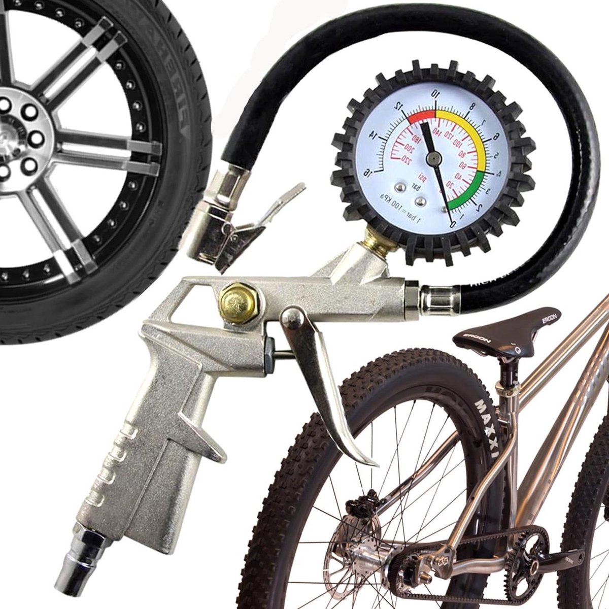 Manomètre Pression Pneus 220 PSI - Pistolet Gonfleur Multifonction Pour Voiture, Moto, Vélo | Accessoire Compresseur