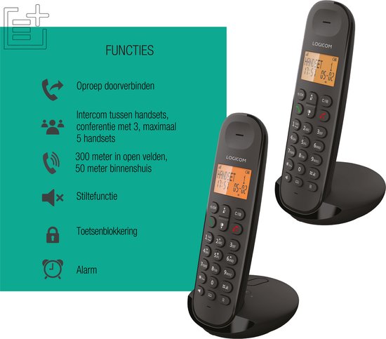 Logicom Iloa 255T Duo – Telefono Cordless DECT Con Segreteria 15 Minuti, 2 Portatili, Vivavoce, Display 4 Righe, 300m Portata, Nero