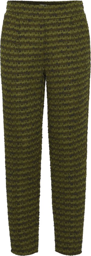 Vooraanzicht van een groene broek met gebreid houndstooth-patroon, rechte pijpen.