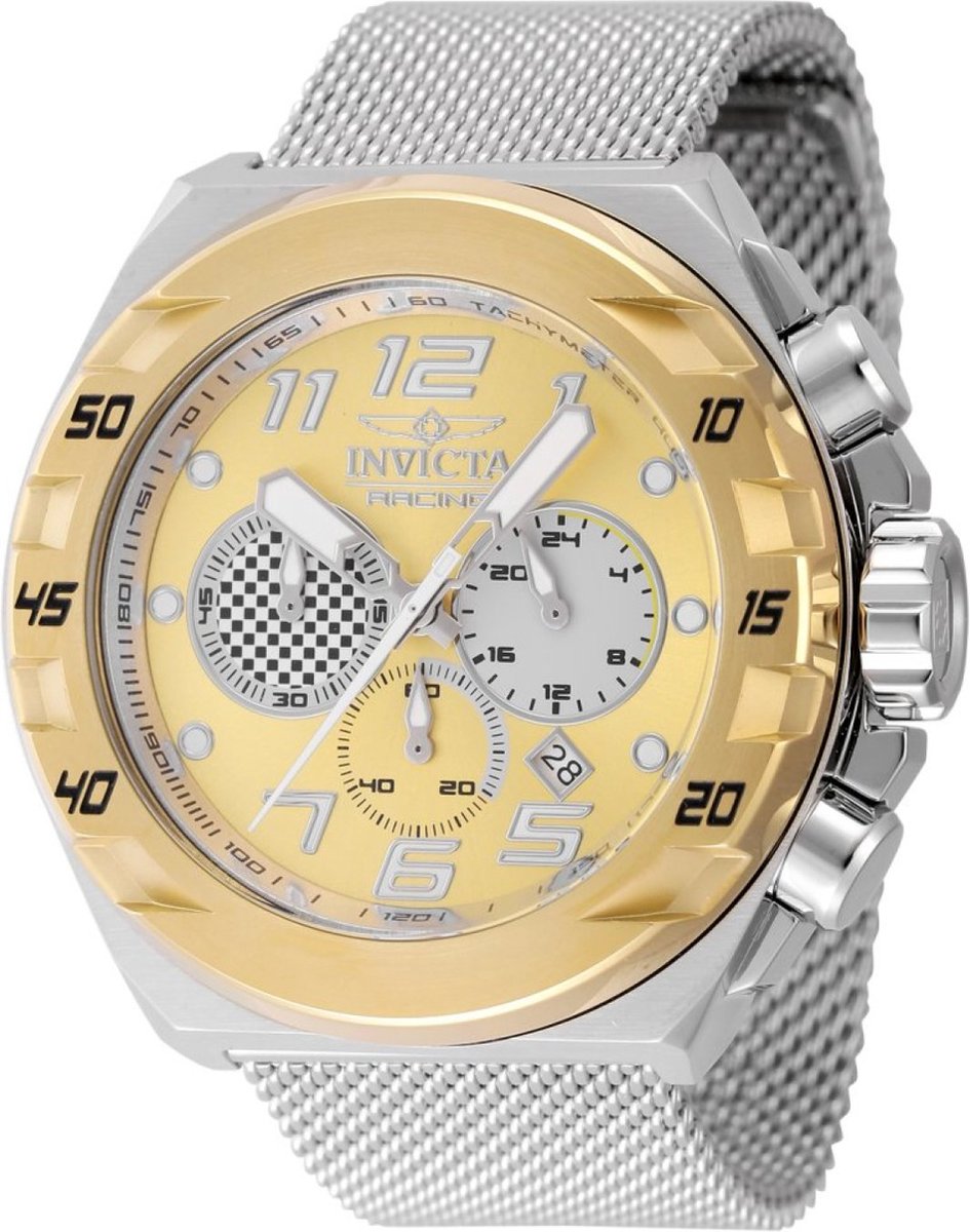 Invicta Racing 47204 Heren Horloge - Waterdicht - Analoog - Quartz Uurwerk - Roestvrij Staal met gouden Wijzerplaat -48mm