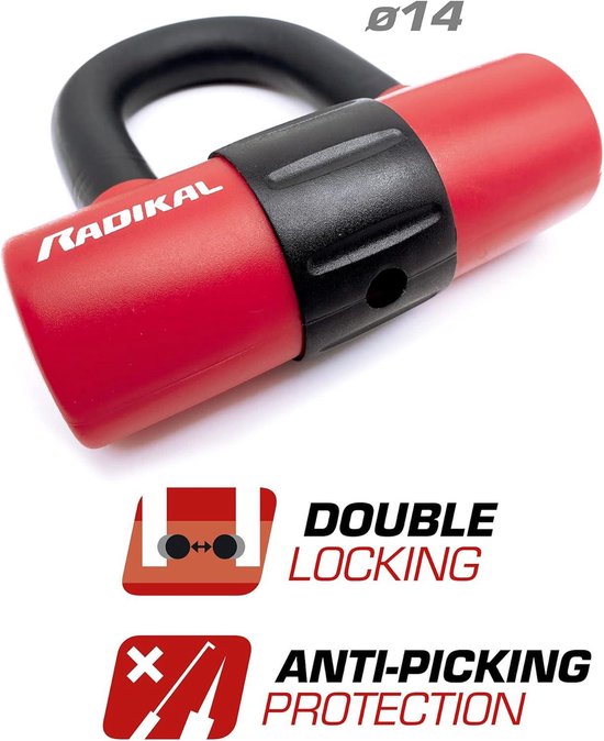 RADIKAL RK7214 Vierkante Kettingslot Dubbele Functie, 120cm en Mini U Remschijfslot 14mm Herinneringskabel