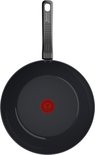 Wok Tefal noir, vu de dessus, avec un indicateur Thermo-Spot rouge au centre.