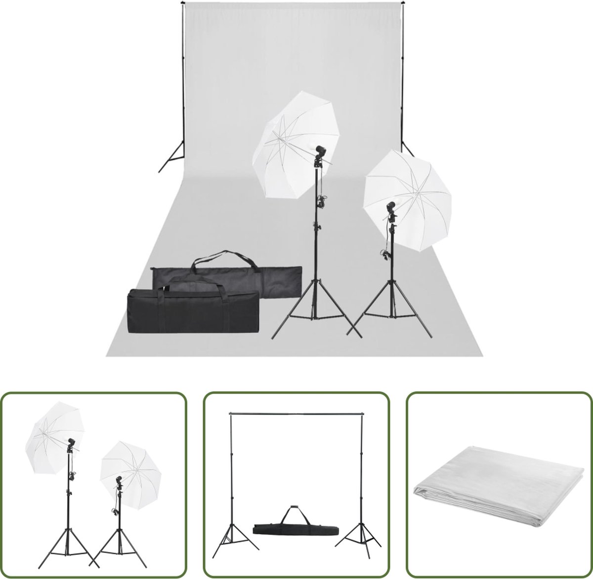 The Living Store Fotostudioset Aluminium - 2x Paraplu - 2x Daglichtlamp - 2x Statief - 1.5x3m Achtergrond - Wit