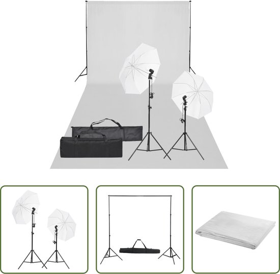 Foto: The living store fotostudioset aluminium 2x paraplu 2x daglichtlamp 2x statief 1 5x3m achtergrond wit