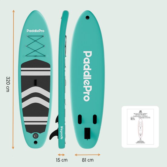 LifeGoods PaddlePro SUP Board - Opblaasbaar Paddle Board - Complete Set - Max. 150KG - 320x81cm - Mintgroen/Zwart