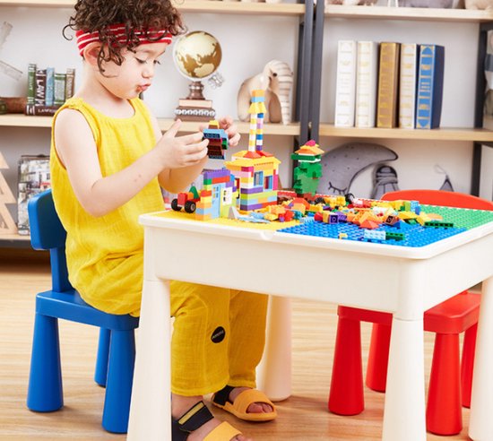 Foto:  alles in 1 profi promo bouwtafel set kindertafel met 2 stoeltjes en 4 bakjes blokkentafel speeltafel blokken tafel kinderen constructie speelgoed 2 3 4 5y geschikt voor duplo grote lego kleine bouwstenen