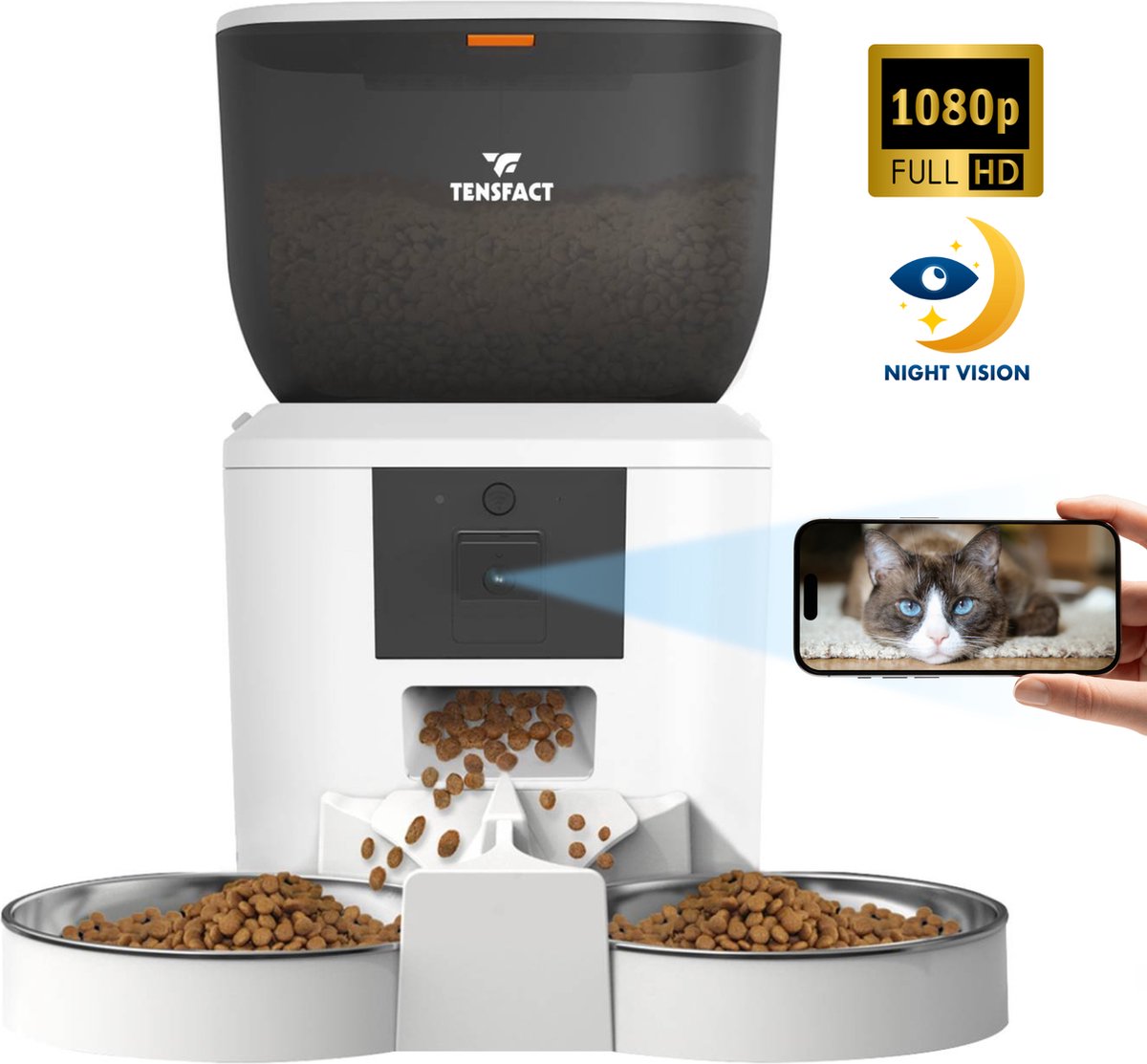 Afbeelding 3 van Automatische Voerbak Kat - Premium Voerautomaat Kat met Full HD Camera - 2 in 1 Enkel en Duo Bak - Voerbak Kat - Wit - Tensfact®