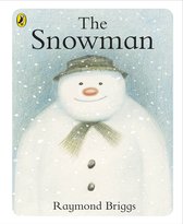 De kaft van het boek "The Snowman" van Raymond Briggs, met een illustratie van een vriendelijke sneeuwpop met een hoed en sjaal.