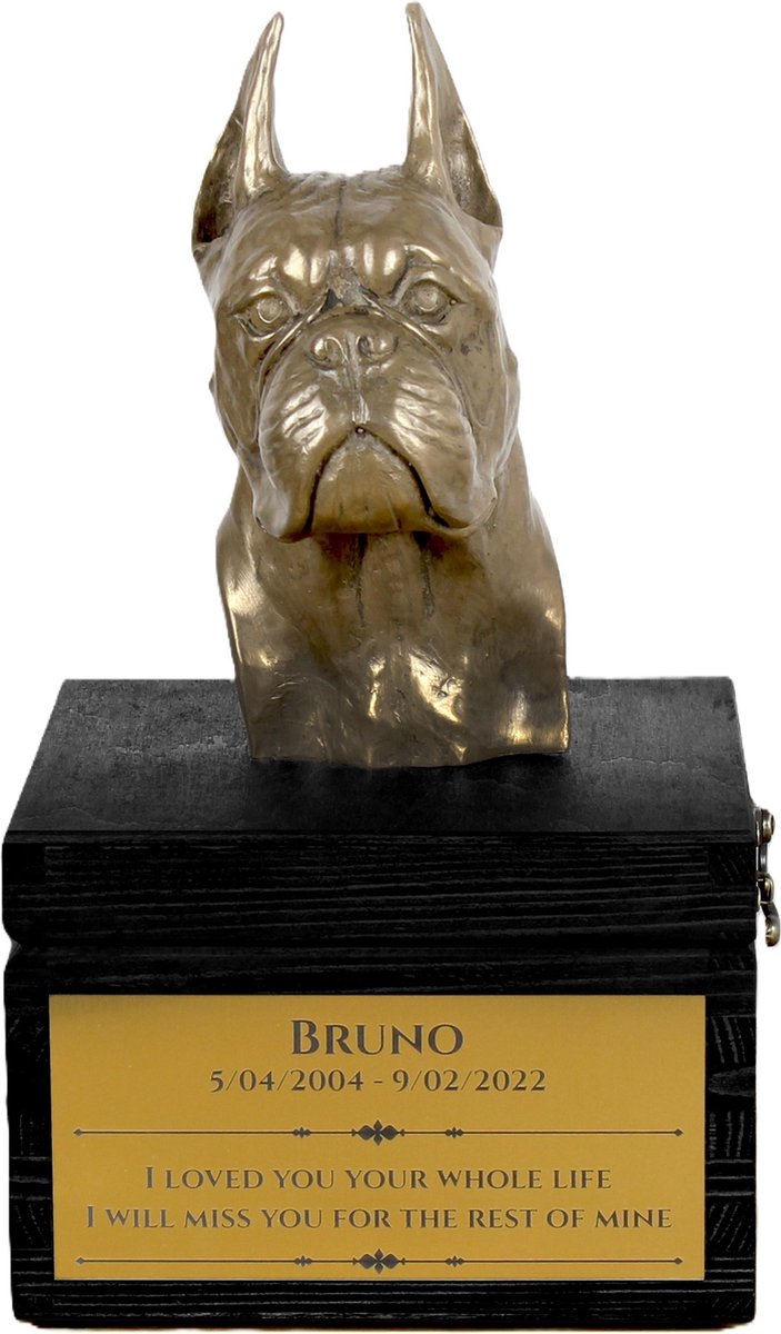 Urn met gravure en sculptuur van een Duitse Boxer, handgemaakt.
