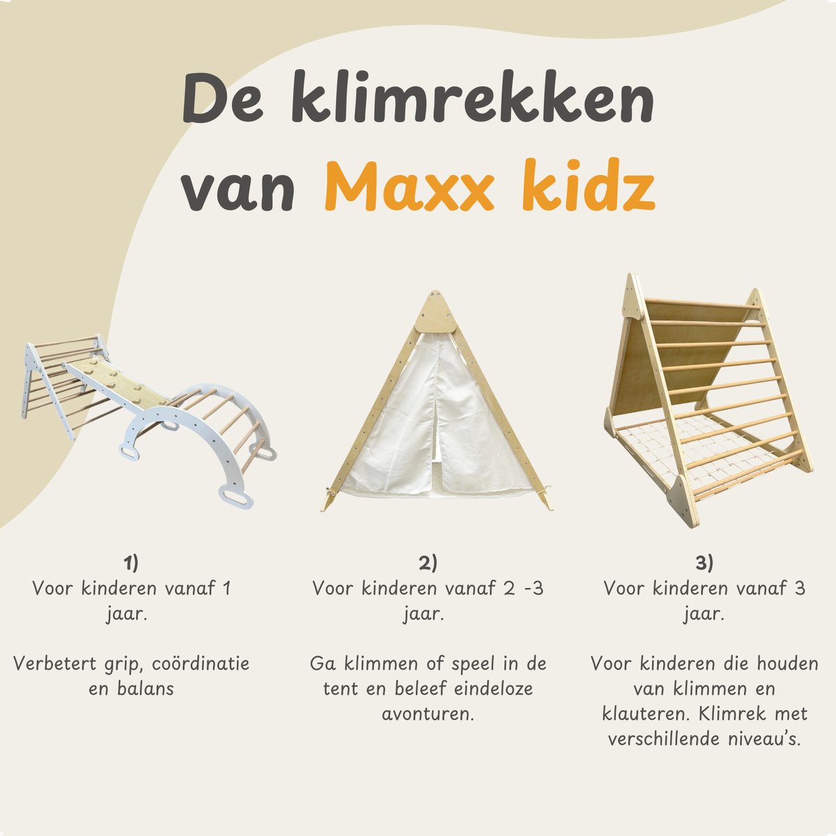 Maxx kidz - Houten Klimrek- 2 in 1 - Pikler Speeltoestel voor Binnen en Buiten - Tipi tent - Klimdriehoek met Doek - Tipi tent met klimrek - Hout Peuter Speelgoed — afbeelding 7