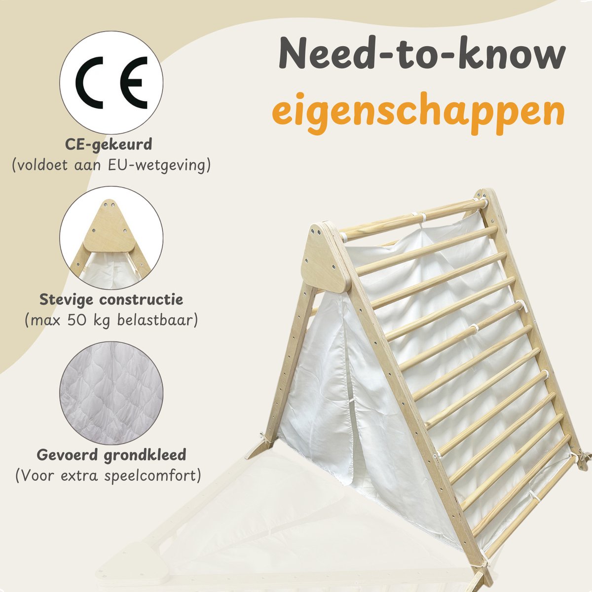 Maxx kidz - Houten Klimrek- 2 in 1 - Pikler Speeltoestel voor Binnen en Buiten - Tipi tent - Klimdriehoek met Doek - Tipi tent met klimrek - Hout Peuter Speelgoed — afbeelding 6