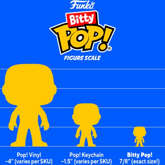 Schaalvergelijking van Funko Pop! Vinyl, Pop! Keychain en Bitty Pop! figuren.
