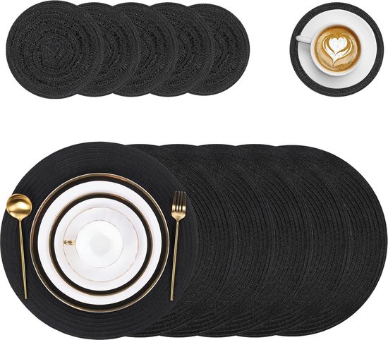 Set de 6 sets de Napperons ronds et Sous-verres – Tapis de table lavables antidérapants – Tapis de table Décoration résistants à la chaleur pour Hotel, Fête de mariage, Noël – Zwart