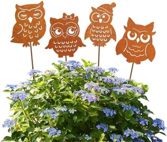 4 Décorations De Jardin Métal Rouillé - Hérisson, Hibou, écureuil Et Champignon Pour Extérieur