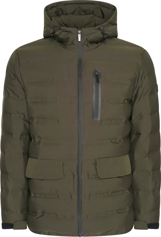 Groene gewatteerde jas met capuchon, borstzak en klepzakken.