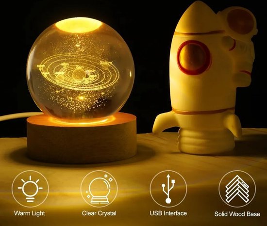 LAMON® LED Kristallen Tafellamp - USB 3D Maan Galaxy Globe Nachtlampje - Kinderen Kerst Decoratie Cadeau (Zonnestelsel) van Merkloos — afbeelding 3