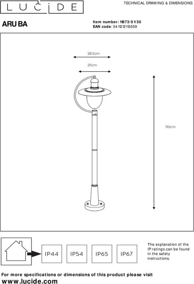 Lucide Aruba - Lantaarnpaal - Ø 25 cm - 1xE27 - IP44 - Zwart