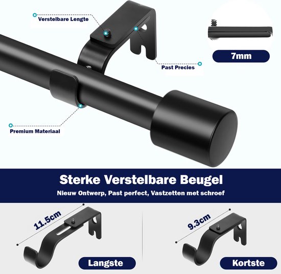 Detail van een zwarte gordijnroede met verstelbare beugel van premium materiaal, met afmetingen.