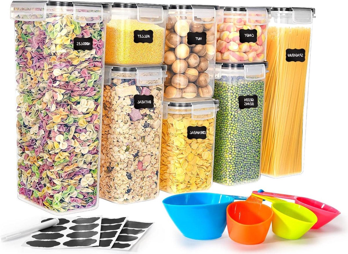 Voorraaddozen luchtdicht 8-delige set, opbergdoos met deksel van plastic, voorraaddoos voor keuken, opslag en organisatie voor meel,suiker,muesli,Pasta,cornflakes, Vaatwasserbestendig