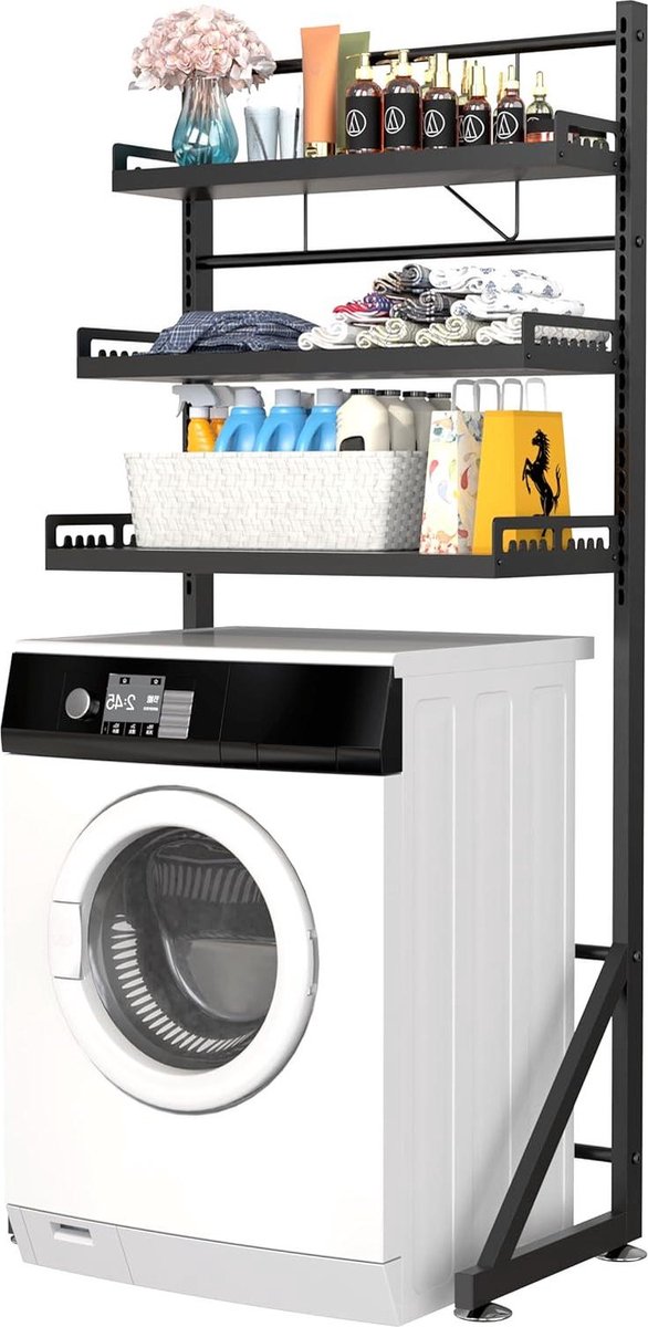 3-laags in hoogte verstelbaar wasmachine opbergrek badkamer groot opbergrek organizer voor ruimtebesparing zwart Wasmachine rek
