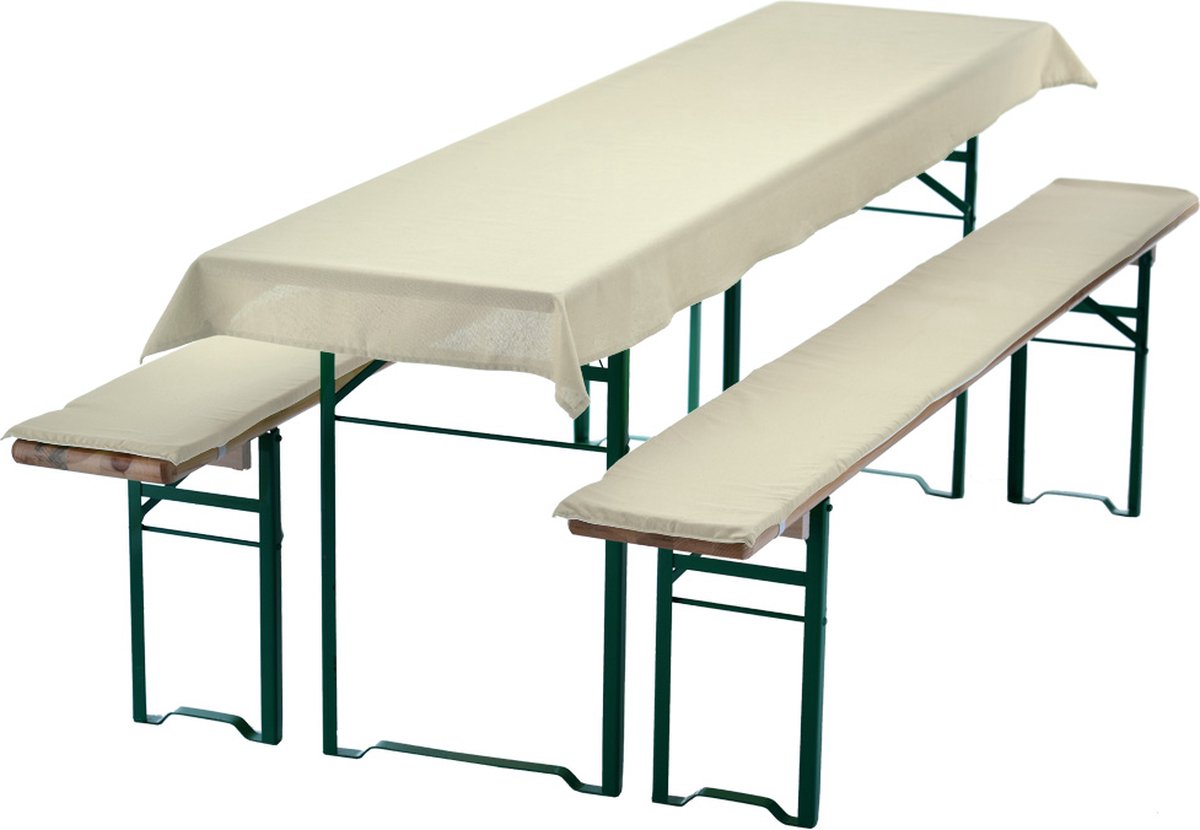 Bierbankkussens Set 240x70 cm Ecru - 1x Tafellaken voor 220x50 cm tafels & 2x Gevoerde kussens voor 220x25 cm banken