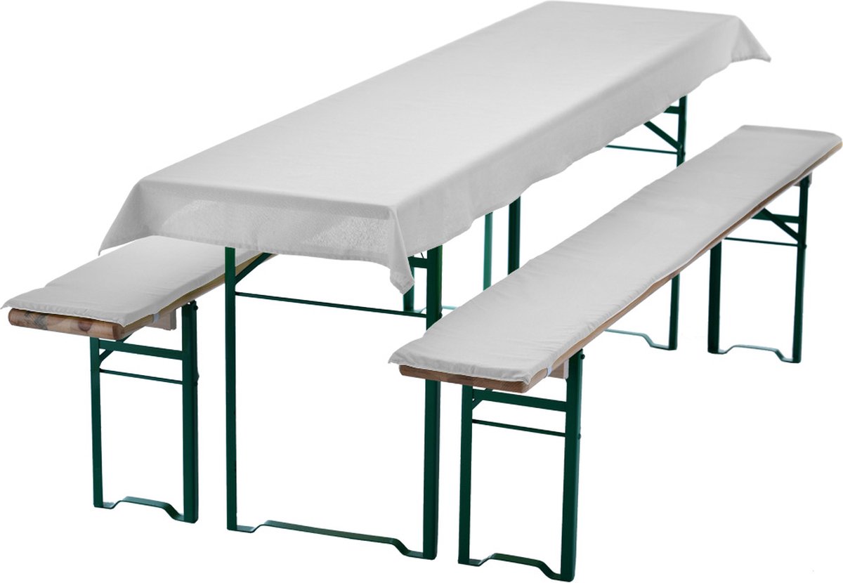 Bierbankkussens Set 240x90 cm Wit - 1x Tafellaken voor 220x70 cm tafels & 2x Gevoerde kussens voor 220x25 cm banken