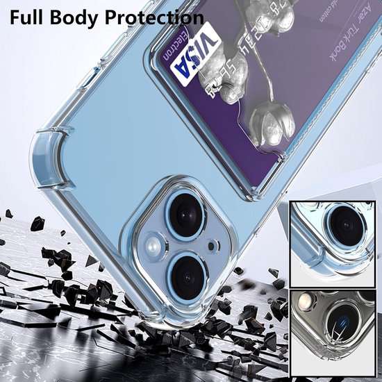 BixB Coque avec Protecteur d'écran en Verre Trempé Convient pour iPhone 15 Coque avec Porte-Carte Siliconen Antichoc Back Cover - Transparent