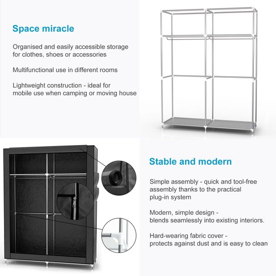 INTIRILIFE Vouwkast, 150 x 175 x 45 cm, ASCH grijs, met ritssluiting, stoffen kast, kledingkast met kledingstang, vakken en zijvak, camping, steekkast, textiel, garderobe
