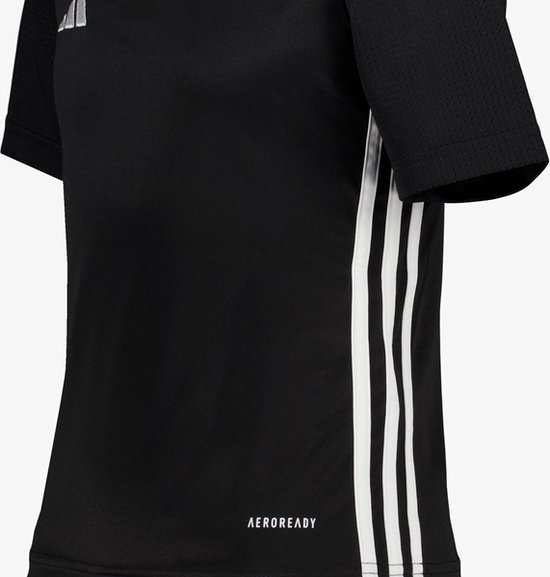 Zwart sportshirt met AEROREADY-technologie en witte Adidas-strepen op de zijkant.