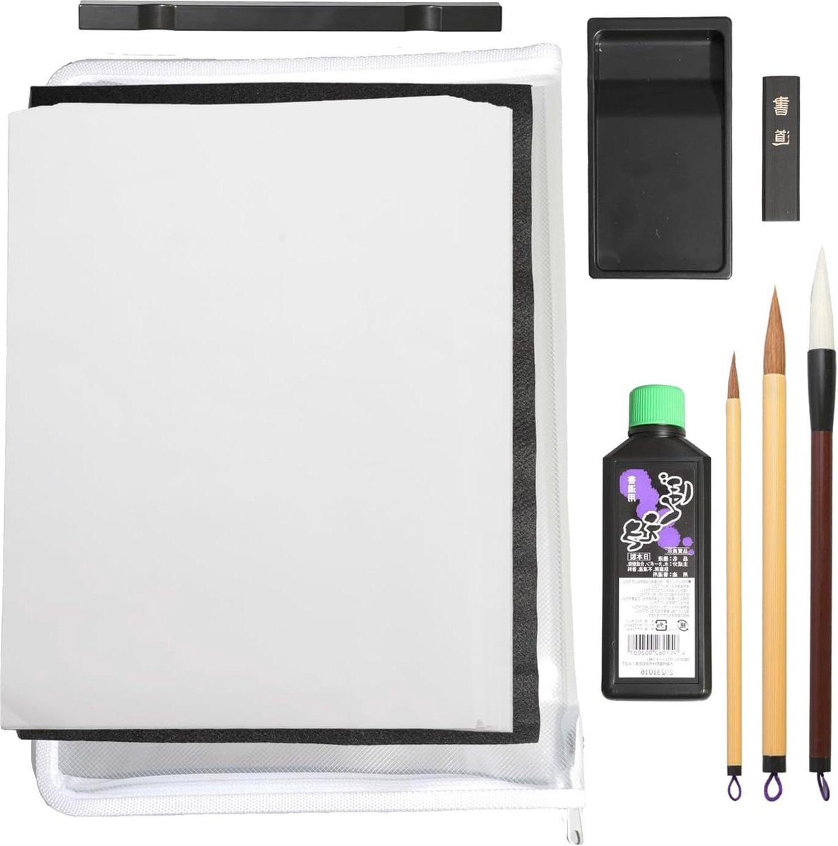 Kalligrafie set 9-delig Japanse Shodo pen en papier Inktstone en inkt stok Antislip onderlaag Presse-papier met transparante hoes