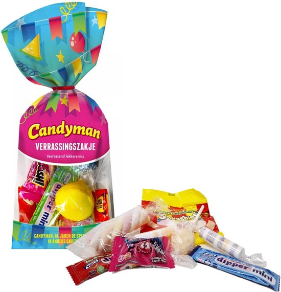 Candyman verrassingszakje met diverse snoepjes, waaronder een gele bal, Dipper Mini en zuurstokjes.