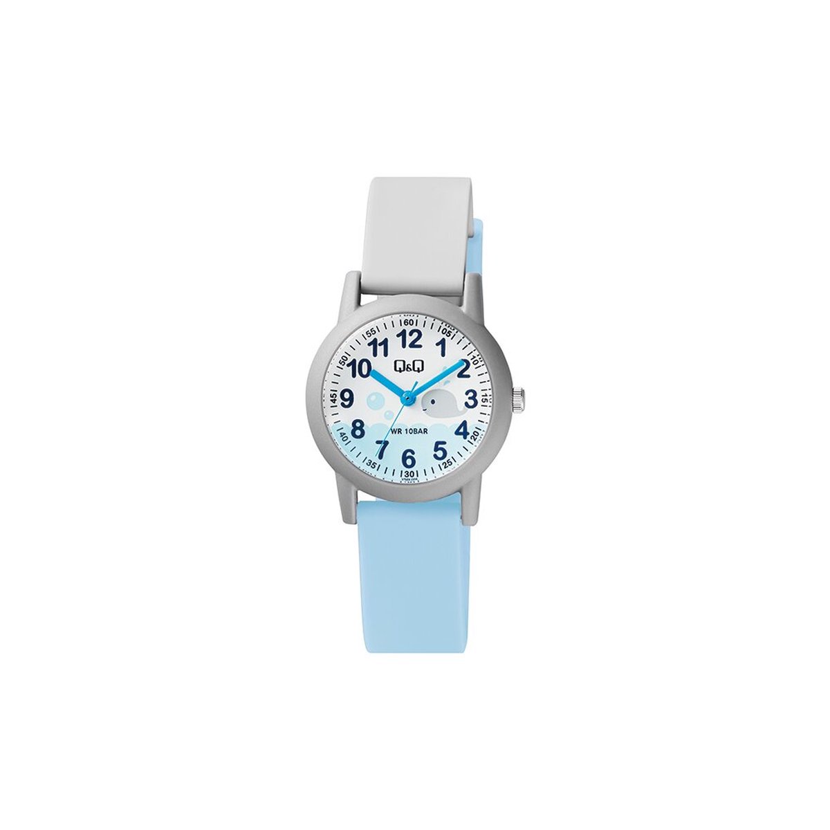 QQ VS49J006Y - Horloge - Analoog - Kinderen - Unisex - Plastic band - Rond - Cijfers - Walvis - Kunststof - Sport - Grijs - Lichtblauw - Wit - 10 ATM