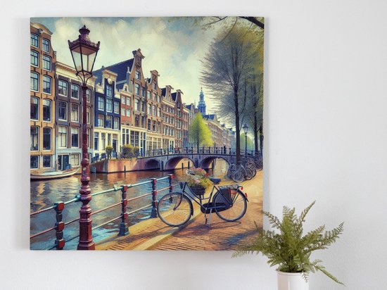Olieverf amsterdam schilderij | Amsterdamse meester in olieverf: Kunstwerk geïnspireerd door de stad | Kunst - 60x60 centimeter op Dibond | Foto op Dibond