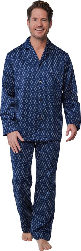 PrinStory Pyjama voor heren, lange pyjamaset, ronde hals, lange mouwen, bovendeel en slaapbroek met zakken, nachtkleding, huispak, grijsblauw, L