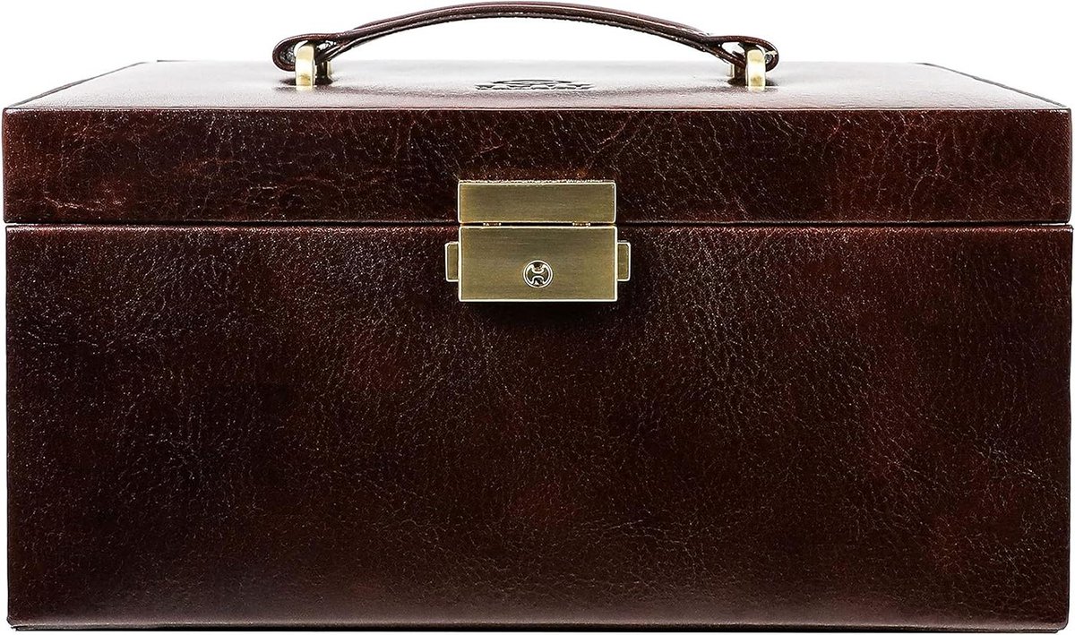 Leren Juwelenkistje Dames - Juwelendoos met Spiegel en 2 lades - Sleutelslot - Fluwelen Voering - Handgemaakt van Italiaans Volnerfleer - Bruin - Kwaliteitsdesign sieraden etui