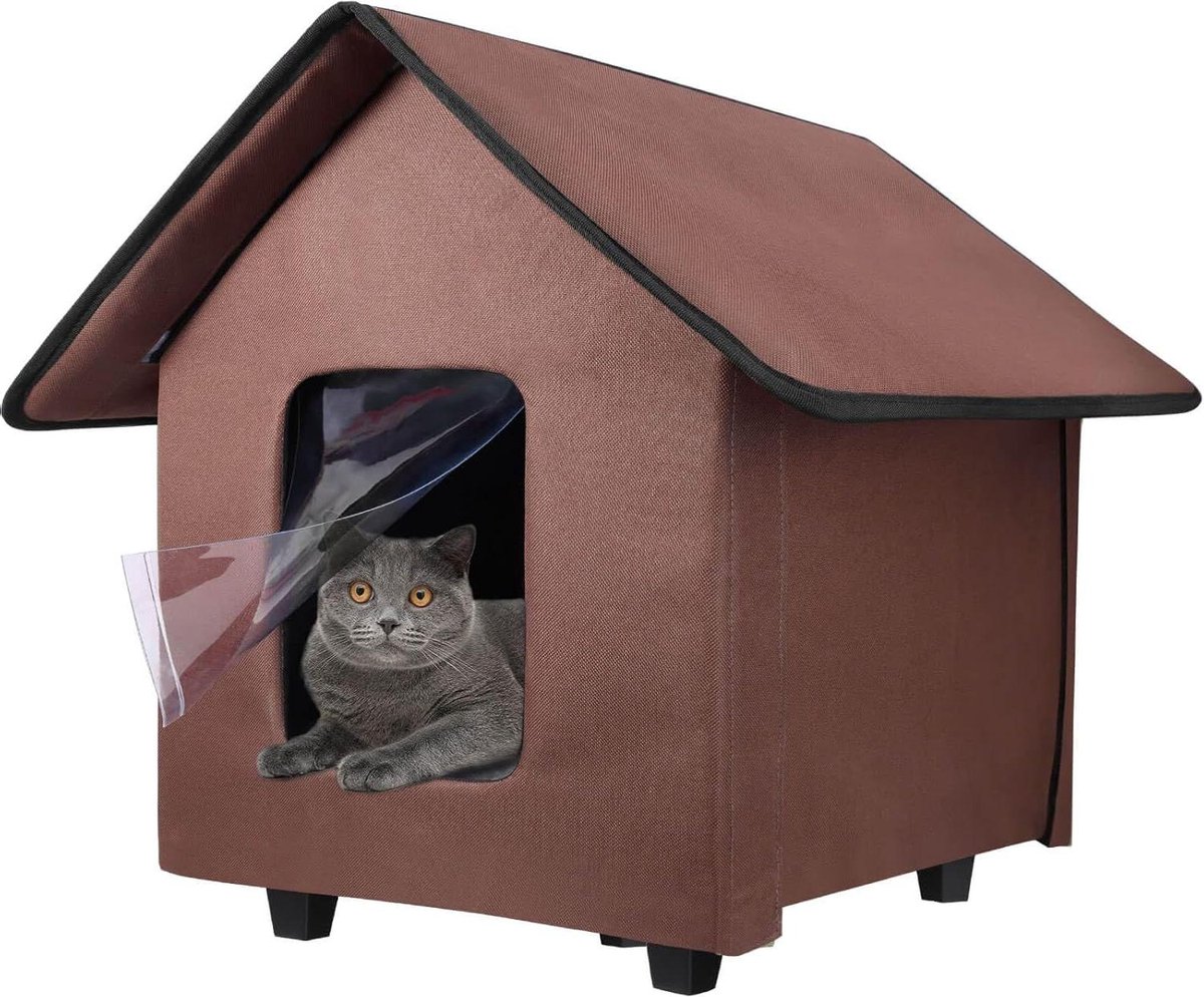 Waterdicht kattenhuis verhoogde bodem - Afneembaar kussen - Opvouwbaar - Outdoor kattenopvang - Buitenwinterhuis - Bruin kattenhuis voor buiten