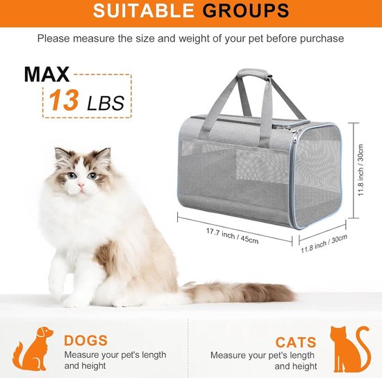Hondentas - Grijs (gewatteerd), L tot 15 kg - Draagtas voor kleine en middelgrote hond, puppy's en katten
