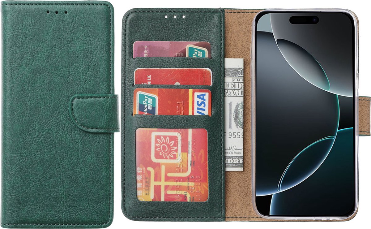 Hoesje Geschikt voor iPhone 16 Pro Max – Arara bookcase met pasjeshouder - Groen