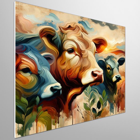 Olieverf vee schilderij | Levendige landschappen: een kleurrijk portret van het boerenleven | Kunst - 60x60 centimeter op Forex | Foto op Forex