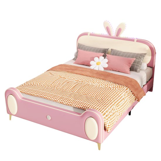 Foto: Merax kinderbed 140x200 cm konijnen oren hoofdbord led verlichting kunstleer gestoffeerd bed beige en roze