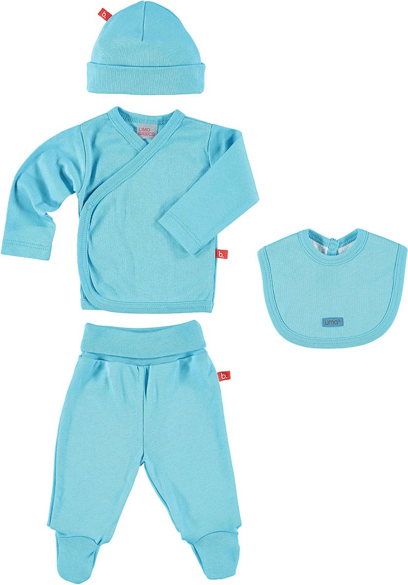 Limobasics baby kledingset turquoise mt 56 (trui, broek, slab en muts)