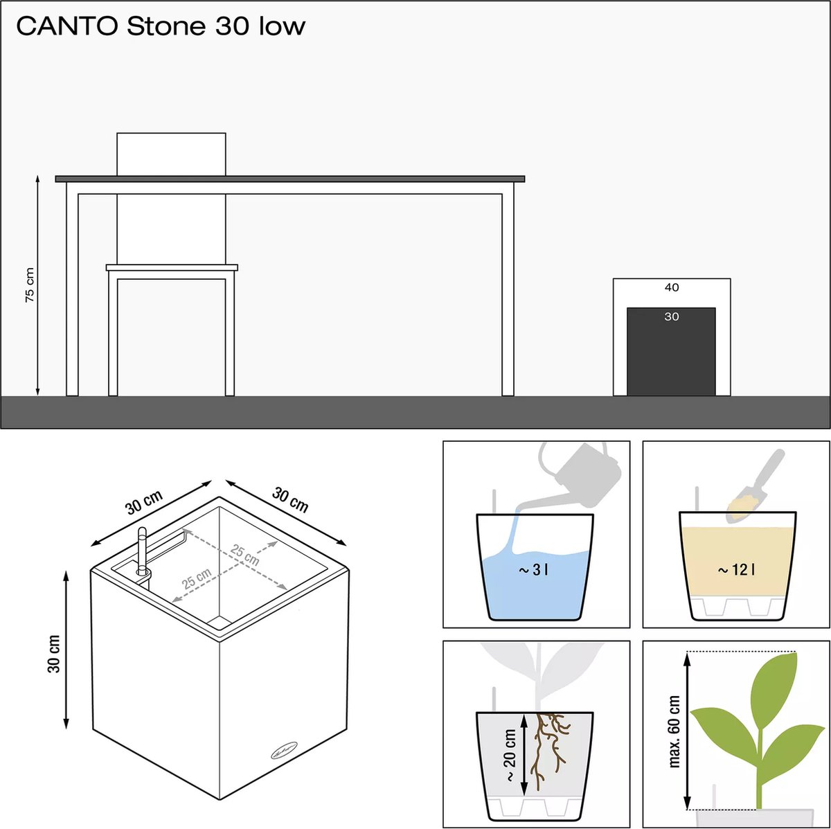Lechuza Canto Stone 30 low - Planter - with removable inner pot
