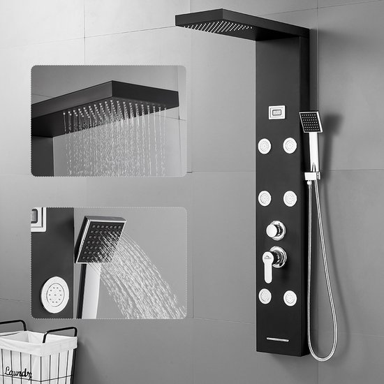 Panneau de douche noir montrant la douche de pluie et la douchette.
