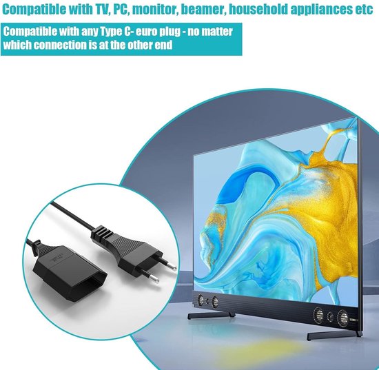 Verlengkabel plat, eurostekker, 1,5 m stekkeradapter 2-in-1, drievoudige type C-stekker, 0,75 mm² max, verlenging voor tv, pc, computermonitor