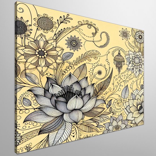 Foto: Line art bloemen schilderij blossoming beauty a radiant display of line art flowers kunst 60x60 centimeter op canvas foto op canvas