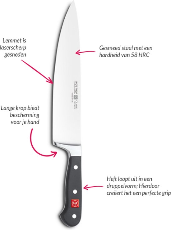 Wüsthof CLASSIC koksmes. Lemmet is laserscherp gesneden. Gesmeed staal met hardheid 58 HRC. Lange krop biedt bescherming. Druppelvormig handvat voor grip.