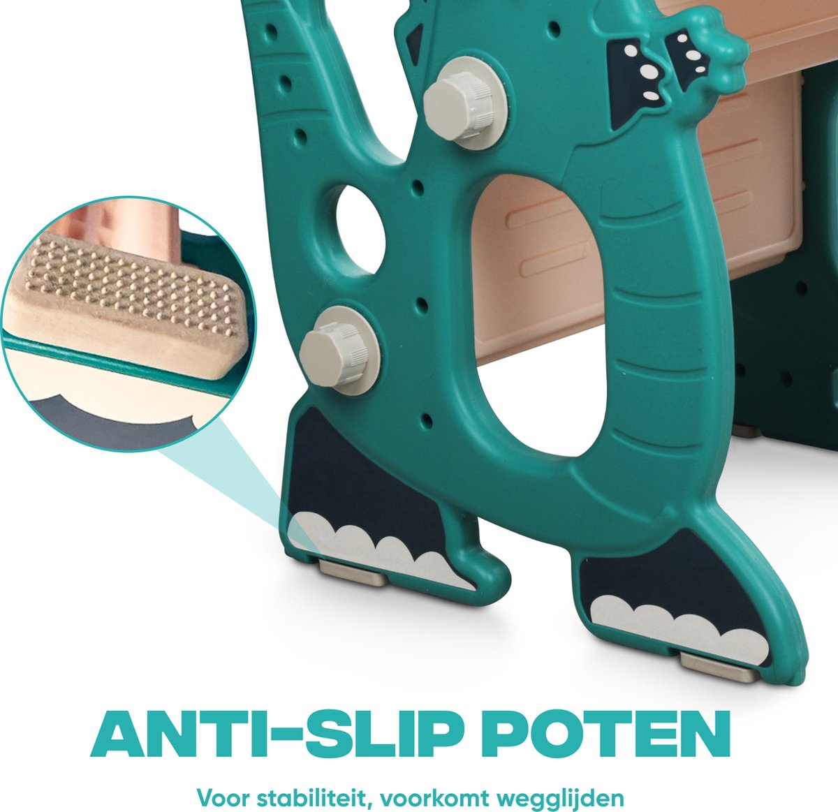 Rockerz Premium Glijbaan - Voor binnen en buiten - Speelplezier gegarandeerd - Opvouwbaar - Veilige dichte trap - Ringen spel - Basketbal ring (inclusief bal) - Muziek beertje - Kleur: Groen — afbeelding 8