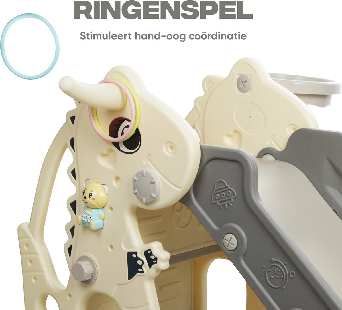 Rockerz Premium Glijbaan - Voor binnen en buiten - Speelplezier gegarandeerd - Opvouwbaar - Veilige dichte trap - Ringen spel - Basketbal ring (inclusief bal) - Muziek beertje - Kleur: Wit — afbeelding 8