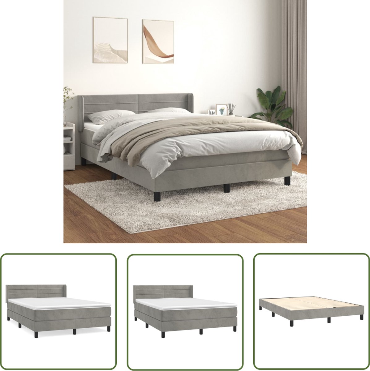 vidaXL Boxspring - Boxspringbed - Boxspring met matras fluweel lichtgrijs 140x200 cm - Fluweel Bed - Grijs Bed - Tweepersoons Bed