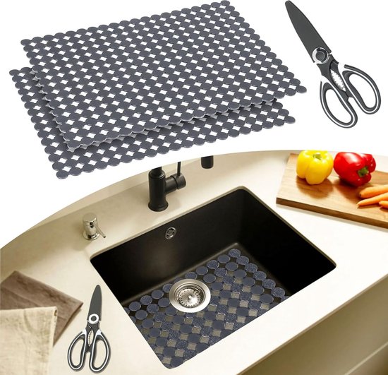 Spoelbakmat, ronde spoelbakmat, siliconen spoelmat voor spoelbak, beschermmat, snijbare afvoermat, antislip afvoermat, bescherming voor gootsteen, geschikt voor servies en wastafel (zwart